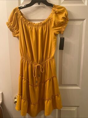 City Triangle Mustard Tiered Puff-Sleeve Dress with Drawstring Waist